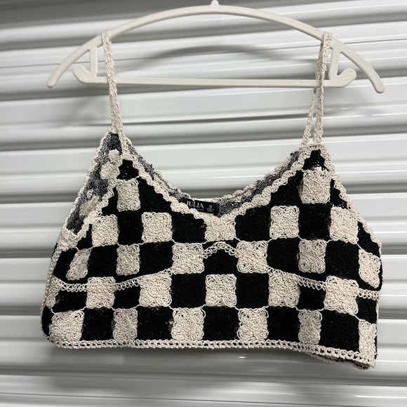 julia Tops - Julia Black and White Checkered Crochet Crop Top Size M
